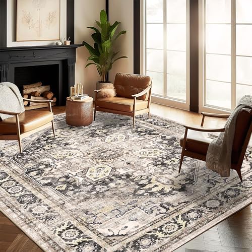 CHAMPLANT Washable Area Rug 8'x10' Black-Purple Khaki Retro Boho Design Non-Shedding Non-Slip Easy Care Ideal for High Traffic Areas in Living Room Bedroom Office Coffee Table Kitchen Large Carpet by CHAMPLANT