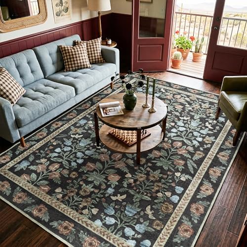 SparkleGaze Gold Black Floral Living Room Rug 5x7 Area Rug - Vintage Forest Washable Rug for Dining Room, Bedroom, Ultra Soft Low Pile Non Slip Stain Resistance Distressed Boho Farmhouse Flower Carpet - Image 2