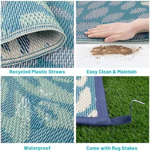 HEBE Waterproof Outdoor Rug 5'x8', Floral Reversible Plastic Patio Rug - Image 4