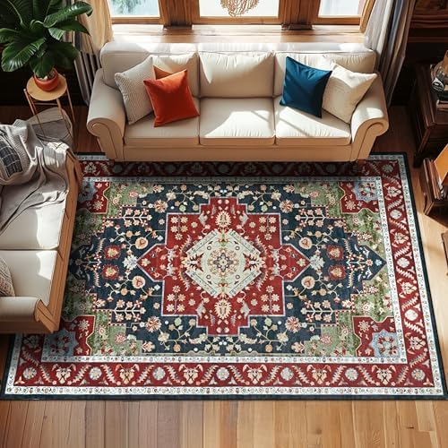 YJ.GWL Area Rugs for Living Room 6x9 Machine Washable Rugs, Non Slip Floral Vintage Rug Indoor Carpet, Stain Resistant Large Rug for Bedroom Dining Room, Red Green - Image 2