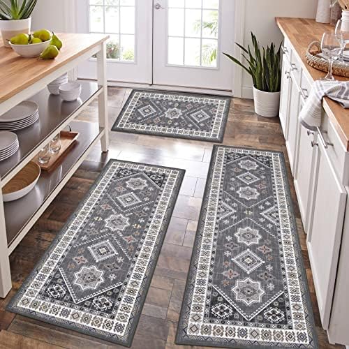 HEBE Boho Kitchen Rugs Set of 3, Non Slip Washable Kitchen Mats for Floor by HEBE
