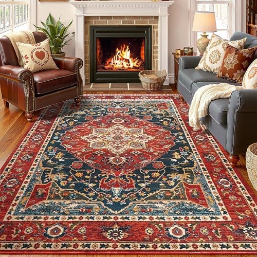 YJ.GWL Area Rugs for Living Room 5x7 Machine Washable Rugs, Non Slip Floral Vintage Rug Indoor Carpet, Stain Resistant Large Rug for Bedroom Dining Room, Orange-Red by YJGWLHomeDecor