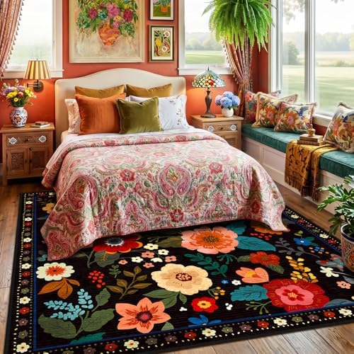 RELEANY Floral Washable Square 6ft Area Rug Black - Image 6