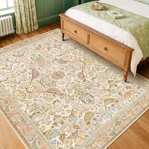 Washable Area Rugs 5x8 for Bedroom - Western Nature Rugs for Living Room, Dining Room,Playroom, Guest Room with Boho Beige Neutral Botanical & Bird Pattern, Non Slip Stain Resistant Low Pile - Image 3
