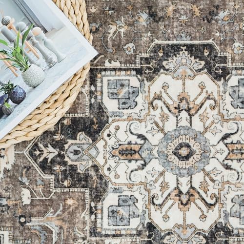 7x10 Area Rug for Living Room: Large Vintage Non-Slip Washable Rugs for Bedroom Home Office Dining Room Soft Durable Low Pile Carpet Boho Neutral Indoor Floor Mat for High Traffic Areas(Beige,7x10) - Image 5