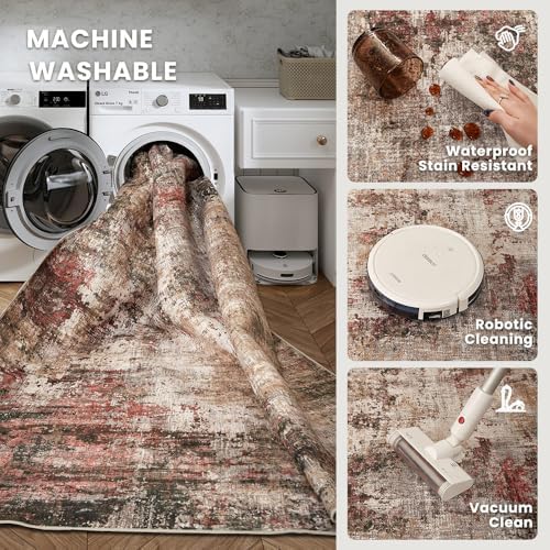 9x12 Rust Red Multi Washable Area Rug for Living Room, Vintage Print - Image 5