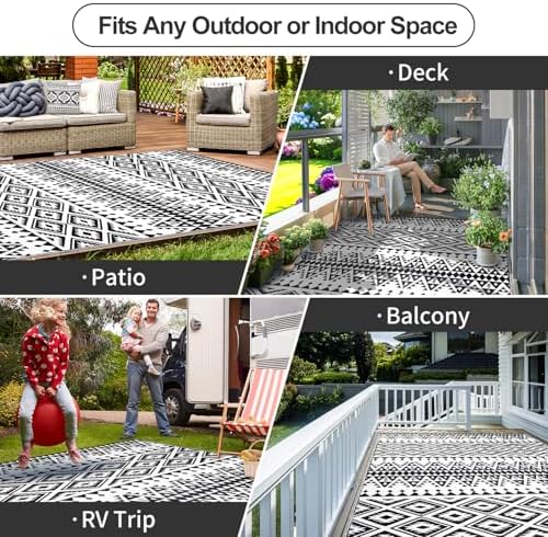 Waterproof Outdoor Rug 5x8ft, Bohemia Reversible Plastic Straw Mat for Patio RV Deck Porch Backyard Balcony Camping Picnic Beach Indoor Outdoor Carpet, Black&White - Image 4