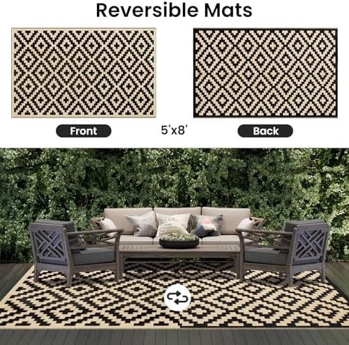 Smiry Outdoor Rug 5x8 ft Waterproof Reversible Boho Mat, Black & Beige - Image 3