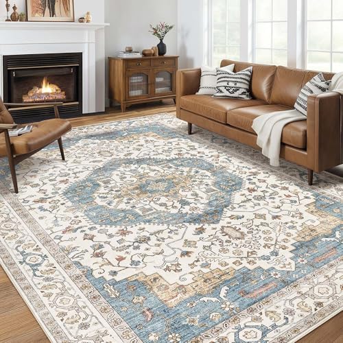 Area Rug for Living Room - 10x12 Soft Washable Oriental Vintage Floral Distressed Large Carpet - Fade Stain Resistant Non Slip Rugs for Bedroom Dining Room Nursery Dorm Office Home Decor - Blue/Beige by homewill