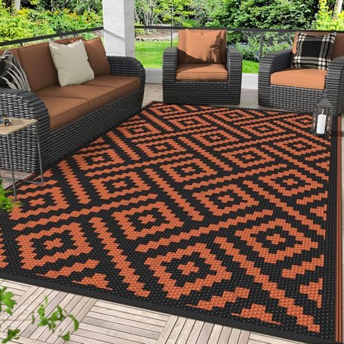 GENIMO Outdoor Rug, Waterproof Plastic Rugs for Patio, 6'x9' Black Orange - Image 4