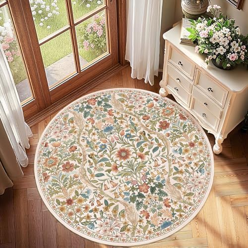 Round Rug 4ft Floral Circle Rug Beige Botanical Indoor Area Rugs - Image 3