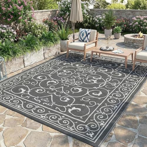 GAOMON Outdoor Rug Waterproof 9x12 Patio Rug Durable Indoor Outdoor RV Mat, Reversible Camping Carpet, Foldable Plastic Straw Rug for Patio, Porch, Deck, Balcony, Beach,Vintage-Grey by GaoMon
