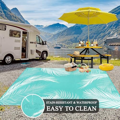 Pauwer Waterproof Outdoor Rug 6x9, Plastic Patio Mat, Leaf Light Blue - Image 5