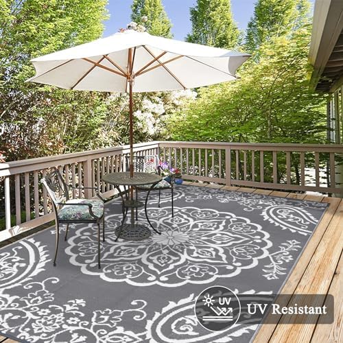 Pauwer Outdoor Rug 5x8, Waterproof Plastic Straw Camping Rug, Boho Grey - Image 4