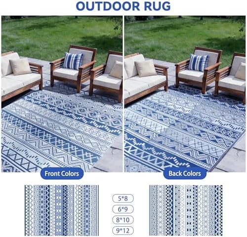 Outdoor Rug 9 x12 ft, Plastic Rug for Patio, Navy & White - Image 2