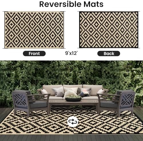 Smiry Outdoor Rug 9x12 ft Waterproof Reversible Boho Mat, Black & Beige - Image 3