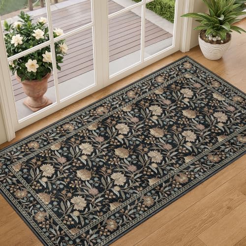 DUKINO 2x4 Rug, Washable Vintage Floral Entryway Rug Non Slip, Black by DUKINO