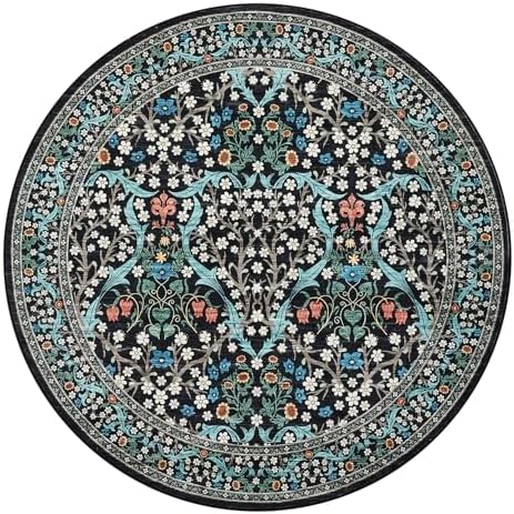 GarveeHome Black Floral 4 ft Round Rug Washable Non-Slip Soft Low Pile Small Circle Carpet Vintage Rugs for Kitchen Bedroom Nursery Dining Living Room - Image 3