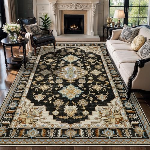 Tangsoo Black 5x7 Washable Area Rugs for Living Room, Oriental Non Slip Rug by Tangsoo