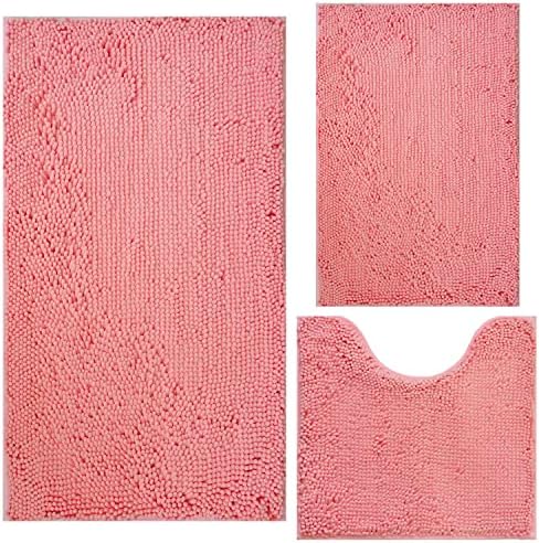 Bathroom Rugs Chenille 3-Piece Extra Soft and Absorbent Shag Bathroom Rugs, Machine Wash Mat, Strong PVC Non-Slip Underside, Plush Carpet Mats (Pink) by BOANKODU
