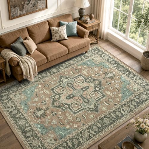 5x7 Ft Area Rugs for Living Room, Soft Non-Slip Machine Washable Rug, Vintage Stain Resistant Carpets for Bedroom Nursery Dining Room Home Decor (Brown) by Lo%CC%80utiRootHome