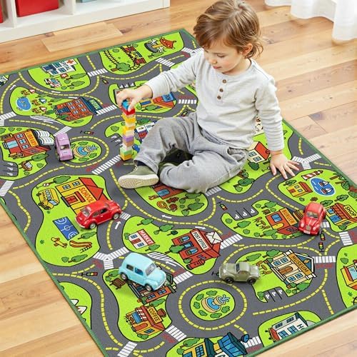 Upgrade Ultra Non Slip Kids Car Rug, Kids Road Playmat Rug for Toy Cars, Educational Town City Map Washable Carpet for Boy Playroom Bedroom, Safer Car Track Play Mat for Children Baby Toddler, 40"x24" - Image 3