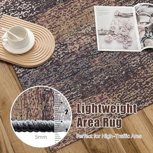 RUGSURE Washable Area Rug - 1/6" Thick Low Pile - Stain & Water Resistant Non-Slip Backing - Pet & Child Friendly Vintage Abstract Design in Multi-Tone Rust Brown, Blue & Beige (3' x 5') - Image 6