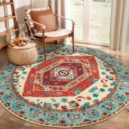SERISSA 4ft Washable Non Slip Round Boho Area Rug for Bedroom，Orange by SERISSAHomeDecorCollection