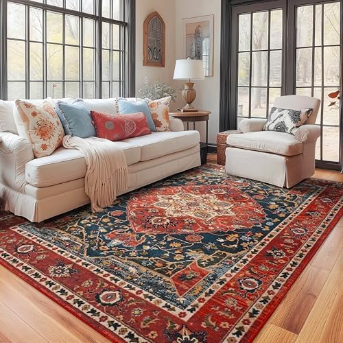 YJ.GWL Area Rugs for Living Room 10x14 Machine Washable Rugs, Non Slip Floral Vintage Rug Indoor Carpet, Stain Resistant Large Rug for Bedroom Dining Room, Orange-Red - Image 3