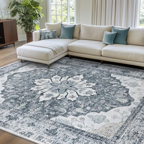 RELEANY Washable Area Rug, 7'x9', Grey/White/Beige by RELEANY