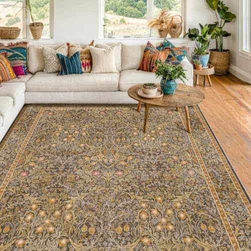 Washable Brown Oriental 5x8 Area Rug for Living Room, Dining Room, Low Pile Non-Slip Floor Carpet for Bedroom - Vintage Floral Design & Stain Resistance by HazoHaus