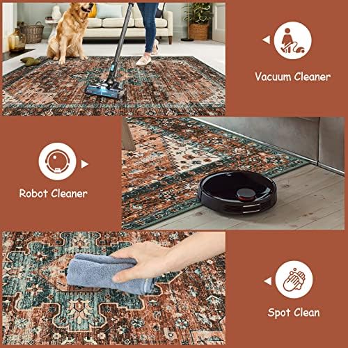 Moynesa Ultra-Thin Vintage Area Rug - 6x9 Washable Bedroom Rug Large Living Room Rug Non-Slip Dining Room Mat, Oriental Printed Low Pile Nursery Carpet for Office Kitchen Entryway, Brick Red/Dull Teal - Image 4