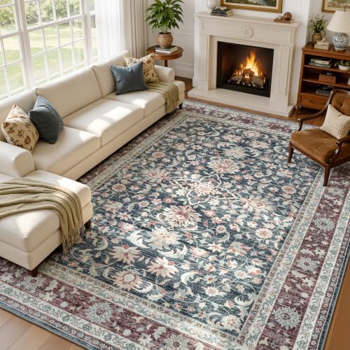 Lofus Washable Rugs for Living Room 8 x 10, Floral Navy Blue and Rust Red by Lofus
