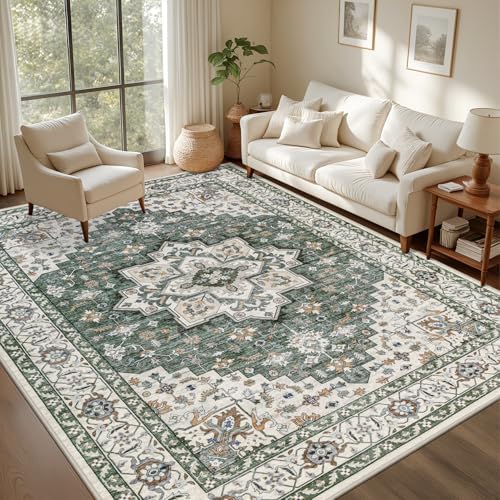 9x12 Area Rugs Living Room: Washable Rug for Bedroom Green Ivory - Image 3
