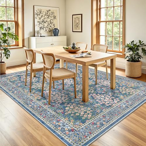 6x9 Area Rugs, Washable Floral Area Rugs for Living Room, Indoor Area Rug for Bedroom, Dining Room, Low Pile Non-Slip Non Shedding Rug(Blue Floral) - Image 4