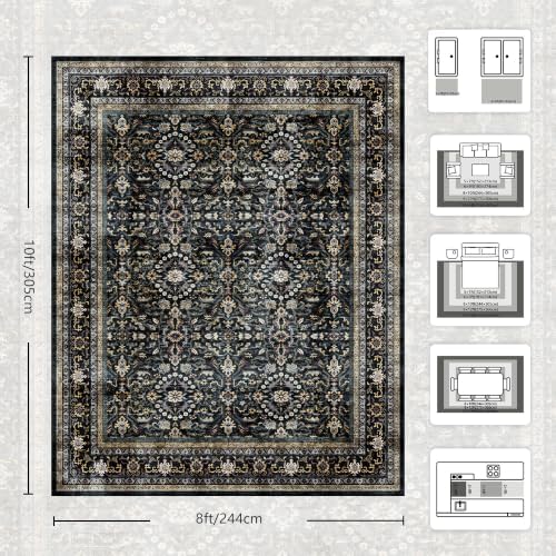 8x10 Area Rugs for Living Room - Washable Vintage Retro Large Rug, Soft Ultra Thin Non Slip Low Pile Traditional Distressed Boho Carpet for Bedroom Dining Room Home Office, Black & Gold - Image 2