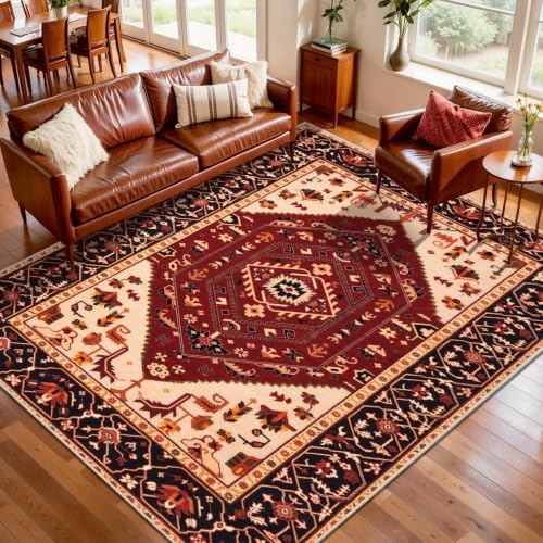 SERISSA 5x7 Washable Non Slip Boho Area Rug for Living Room，Red Black by SERISSAHomeDecorCollection