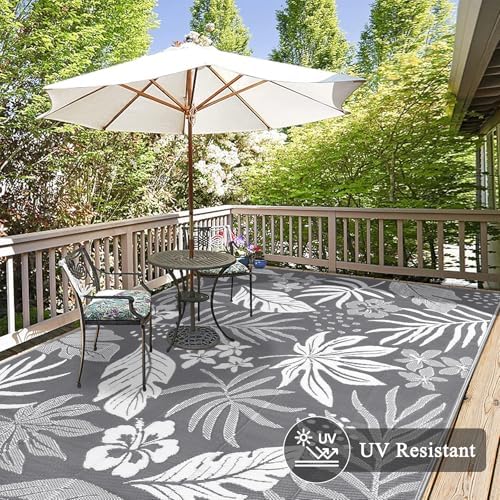 Pauwer Waterproof Outdoor Rug 8x10, Plastic Straw Patio Rug, Floral Grey - Image 4