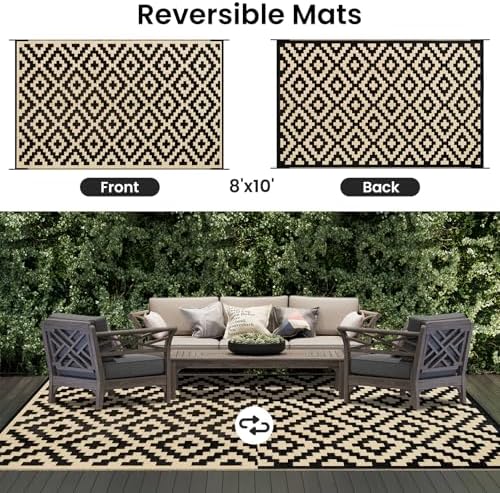 Smiry Outdoor Rug 8x10 ft Waterproof Reversible Boho Mat, Black & Beige - Image 3