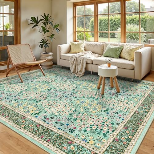 6x9 Area Rugs, Washable Floral Area Rugs for Living Room, Indoor Area Rug for Bedroom, Dining Room, Low Pile Non-Slip Non Shedding Rug(Green Floral) by Yarooge