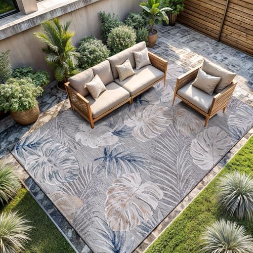 CAMILSON Indoor Outdoor Rug, Blue 9’x12’ Leaf Tropical Botanical Area Rugs for Indoor and Outdoor patios, Easy-Cleaning Non-Shedding Living Room, Garden and Kitchen Washable Outside Carpet (9x12) by CAMILSONIndoorOutdoorAreaRugs