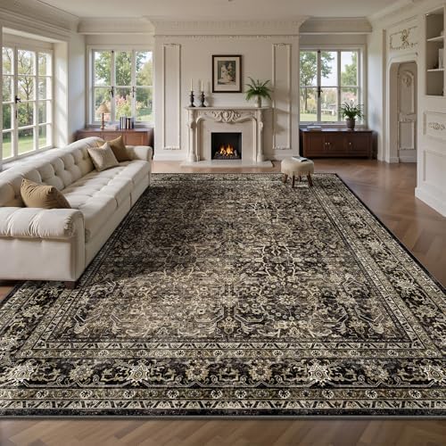 8x10 Area Rugs for Living Room - Washable Vintage Retro Large Rug, Soft Ultra Thin Non Slip Low Pile Traditional Distressed Boho Carpet for Bedroom Dining Room Home Office, Brown by Yarooge