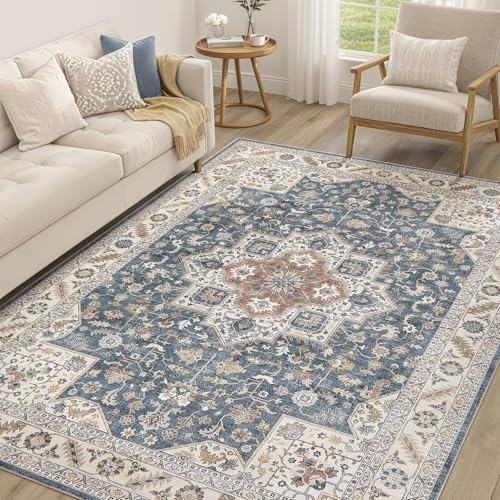 cotiled 7x9 Area Rug for Living Room, Washable, Traditional, Vintage Blue by COTILED