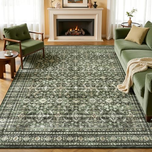 5x7 Olive Green Area Rugs for Living Room, Vintage Washable Rug by Vibrug