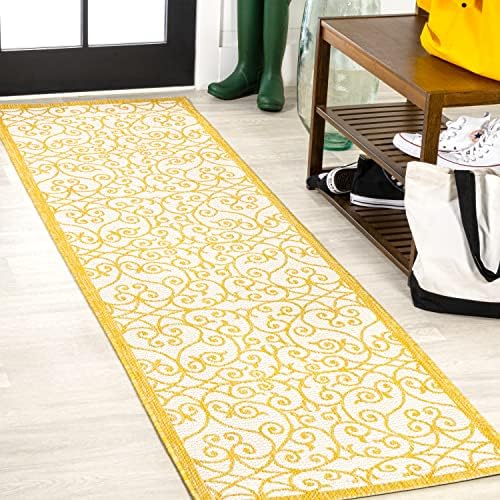 JONATHAN Y Vintage Filigree Indoor Outdoor Runner Rug 2X8 Cream/Yellow, Madrid Textured Weave for Backyard, Patio, Porch, Easy-Cleaning, High Traffic, Pet-Friendly, Non-Shedding (SMB107D-28) by JONATHANY
