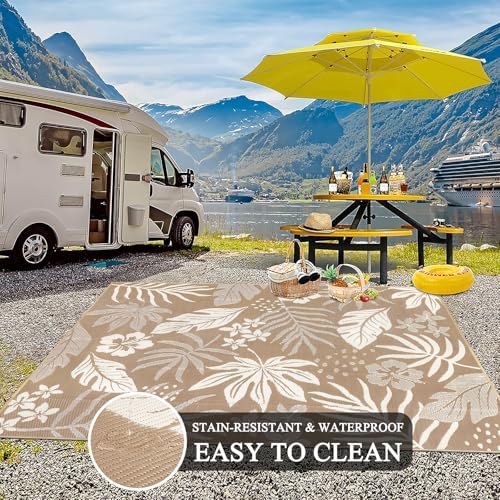 Pauwer Waterproof Outdoor Rug 9x12, Plastic Straw Patio Rug, Floral Brown - Image 5