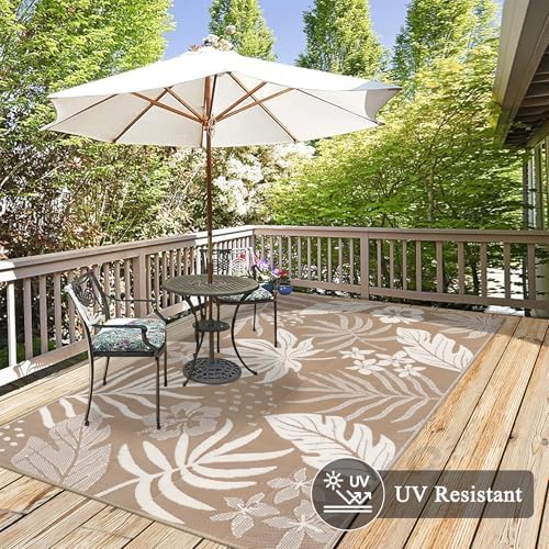 Pauwer Waterproof Outdoor Rug 6x9, Plastic Straw Patio Rug, Floral Brown - Image 4