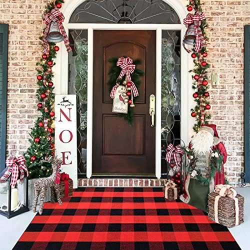 Red and Black Plaid Rug, 3'x5' Check Outdoor Front Door Decorative Mat, Cotton Woven Rug for Layered Door Mats Washable Carpet for Porch, Entryway, Farmhouse, Christmas, Halloween by BOTTA