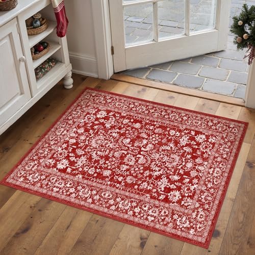 PureCozy Red Entryway Area Rug 2x3 Vintage Floral Farmhouse - Image 4
