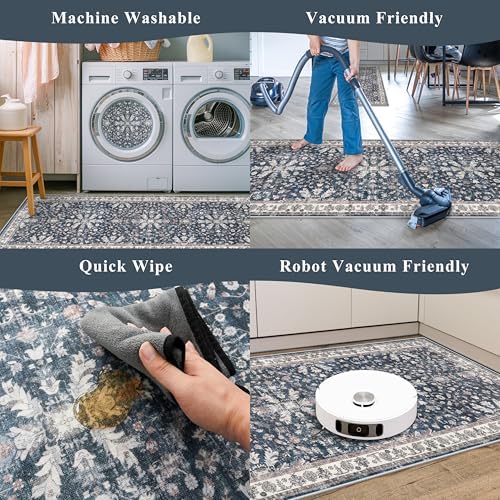 Kitchen Rug Sets 4-Piece with Runner – Washable Non-Slip Floor Mats for Sink, Entryway, Hallway, Bathroom – Soft Low-Pile Thin Boho Floral Rugs, New Home Decor (Blue, 2x3+2x4+2x5+2x6) - Image 6